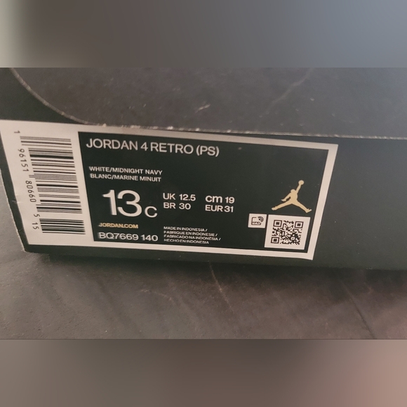 Kids White, Gray and Midnight Navy Jordan 4 - Picture 1 of 7